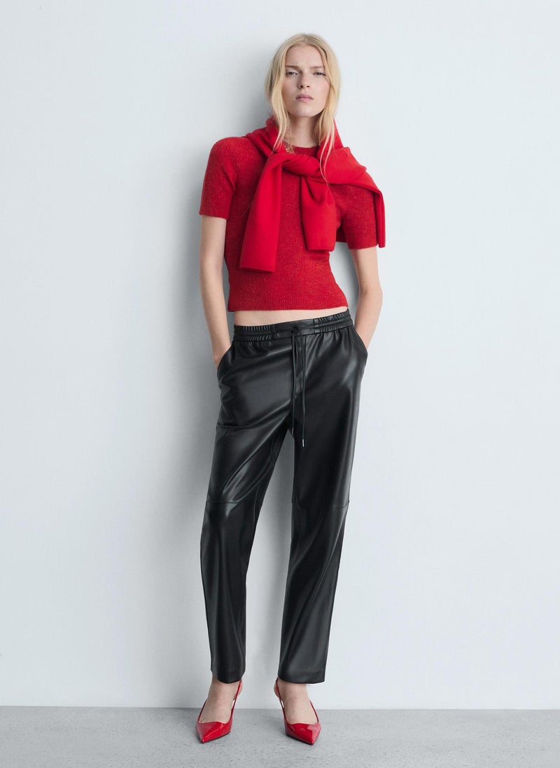 Leather-Effect Elastic Waist Pants