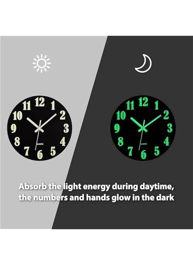 Wall Clock - 12 Inch Black Luminous Wall Clocks Battery Operated Glow in The Dark Wall Clock Silent Non Ticking Wooden Round Analog Night Light Clock for Living Room Bedroom Home Decor (Black)