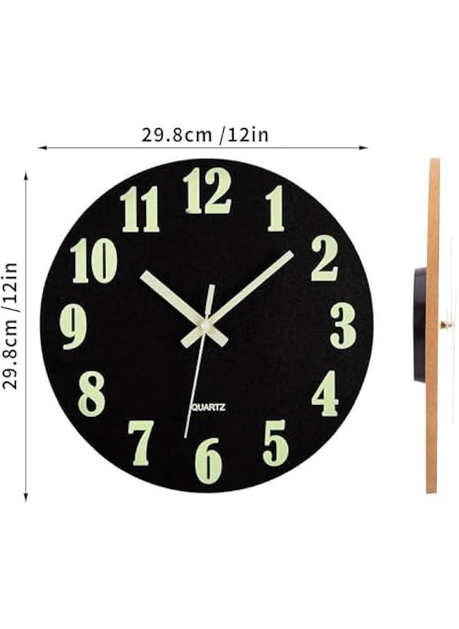 Wall Clock - 12 Inch Black Luminous Wall Clocks Battery Operated Glow in The Dark Wall Clock Silent Non Ticking Wooden Round Analog Night Light Clock for Living Room Bedroom Home Decor (Black)