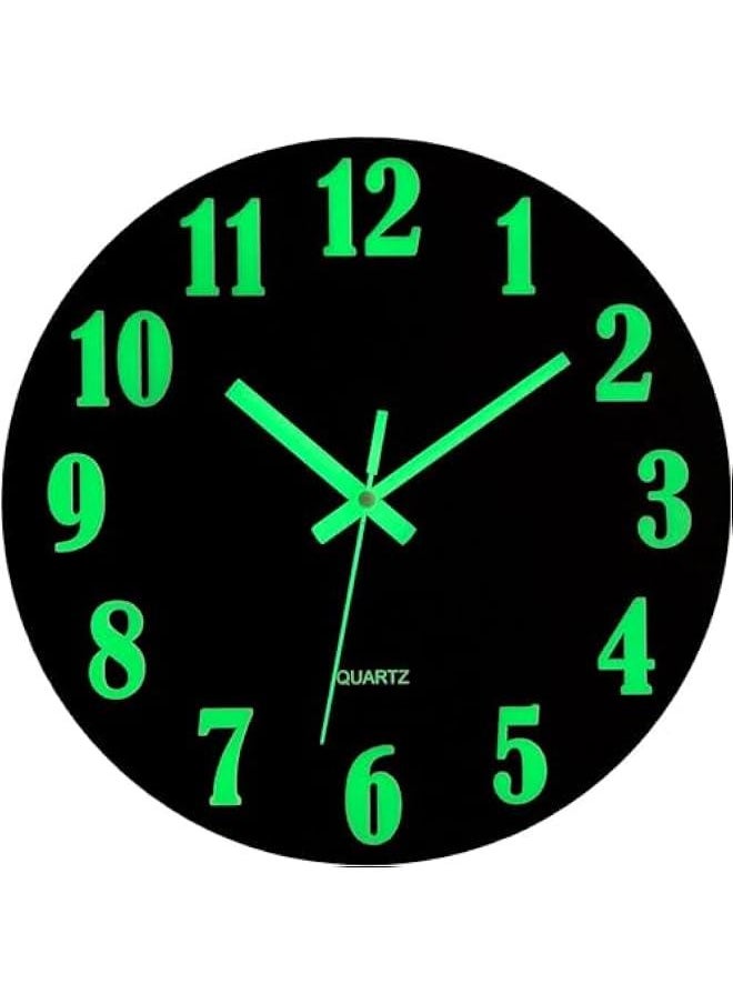 Wall Clock - 12 Inch Black Luminous Wall Clocks Battery Operated Glow in The Dark Wall Clock Silent Non Ticking Wooden Round Analog Night Light Clock for Living Room Bedroom Home Decor (Black)