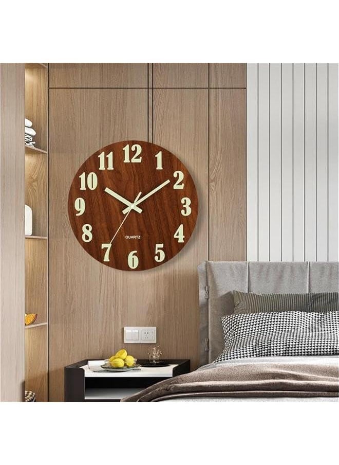 Wall Clock - 12 Inch Black Luminous Wall Clocks Battery Operated Glow in The Dark Wall Clock Silent Non Ticking Wooden Round Analog Night Light Clock for Living Room Bedroom Home Decor (Brown)