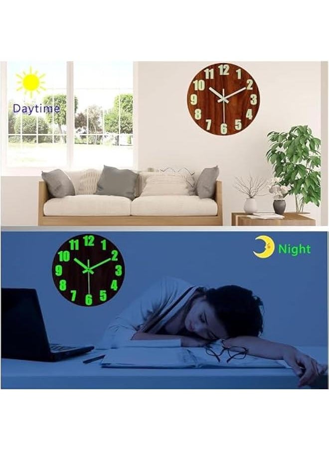 Wall Clock - 12 Inch Black Luminous Wall Clocks Battery Operated Glow in The Dark Wall Clock Silent Non Ticking Wooden Round Analog Night Light Clock for Living Room Bedroom Home Decor (Brown)