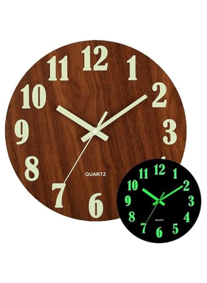 Wall Clock - 12 Inch Black Luminous Wall Clocks Battery Operated Glow in The Dark Wall Clock Silent Non Ticking Wooden Round Analog Night Light Clock for Living Room Bedroom Home Decor (Brown)