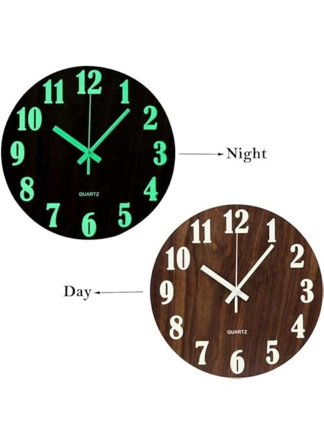 Wall Clock - 12 Inch Black Luminous Wall Clocks Battery Operated Glow in The Dark Wall Clock Silent Non Ticking Wooden Round Analog Night Light Clock for Living Room Bedroom Home Decor (Brown)