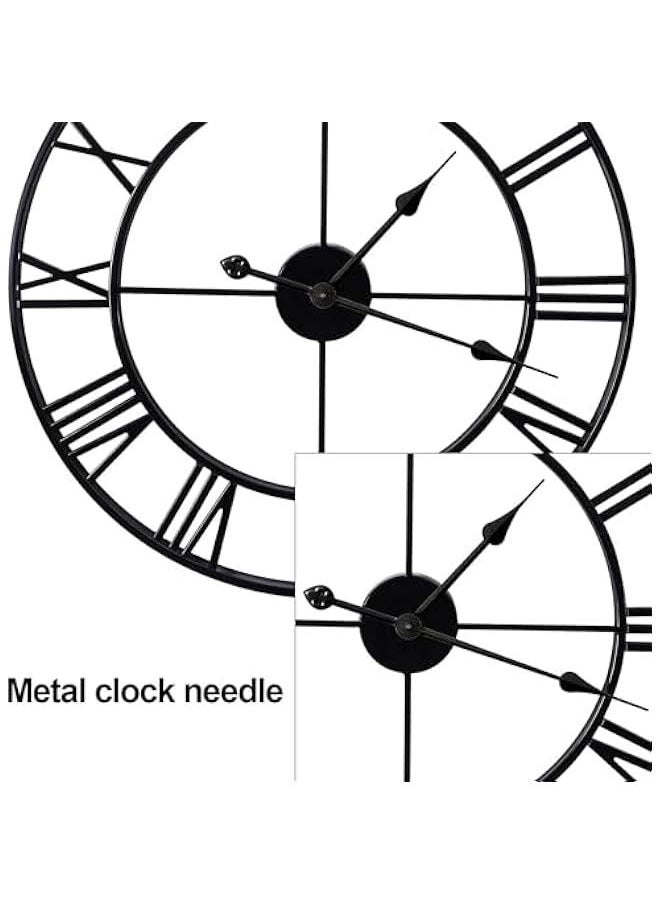 Large Wall Clocks Non-Ticking Silent, 16 inch Operated Oversized Metal Round Roman Numerals European Industrial Wall Clocks, for Home Kitchen Living Room Office Decor (black)