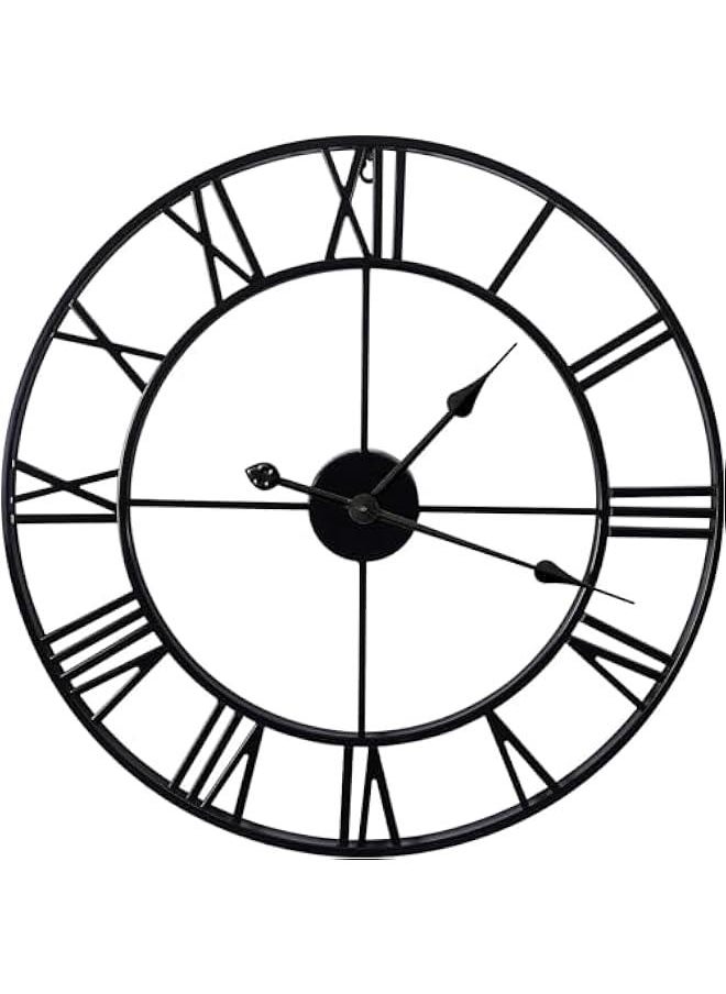 Large Wall Clocks Non-Ticking Silent, 16 inch Operated Oversized Metal Round Roman Numerals European Industrial Wall Clocks, for Home Kitchen Living Room Office Decor (black)