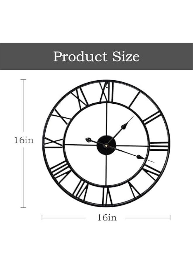 Large Wall Clocks Non-Ticking Silent, 16 inch Operated Oversized Metal Round Roman Numerals European Industrial Wall Clocks, for Home Kitchen Living Room Office Decor (black)