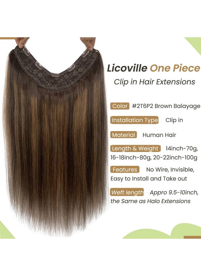 One Piece Extensions Clip in Brown Highlights Remy Thick Clip in Hair Extensions Human Hair Double Weft V Shaped Real Hair Extension Balayage One Piece Dark Brown and Chestnut Brown 22 Inch 100Gram