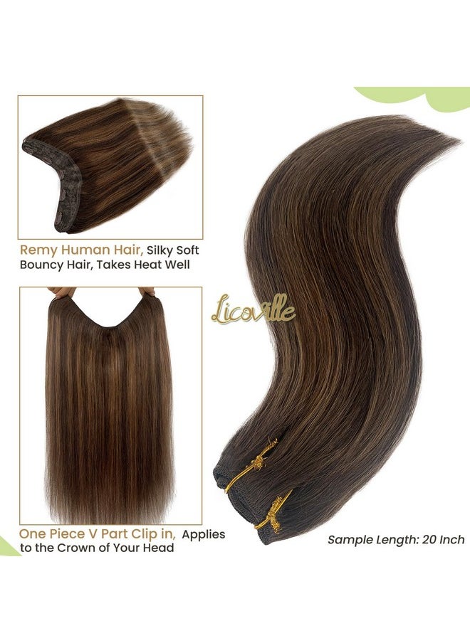 One Piece Extensions Clip in Brown Highlights Remy Thick Clip in Hair Extensions Human Hair Double Weft V Shaped Real Hair Extension Balayage One Piece Dark Brown and Chestnut Brown 22 Inch 100Gram