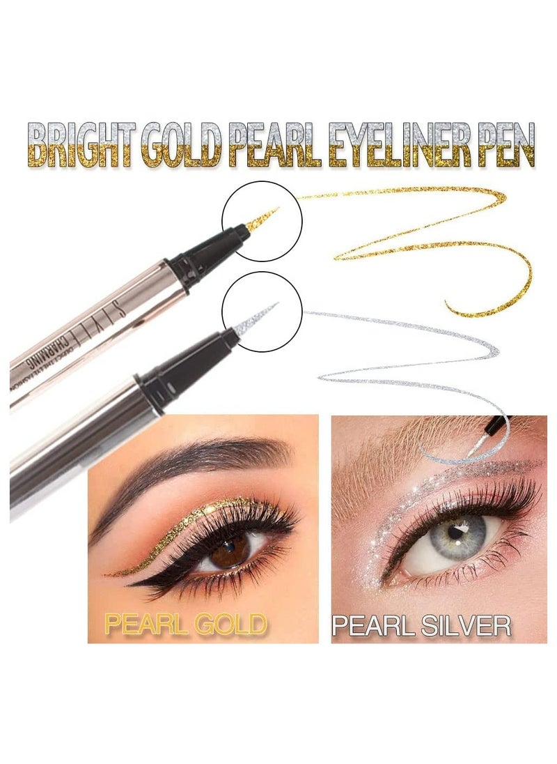 Liquid Eyeliner Makeup Pen Set 2Pcs Glitter Sparkling Shimmer Silver Waterproof Smudge Proof Long Lasting High mented