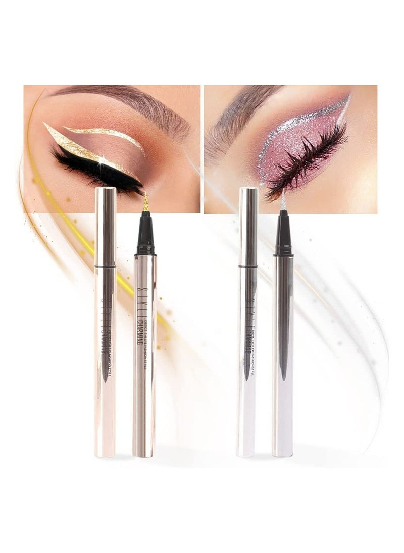 Liquid Eyeliner Makeup Pen Set 2Pcs Glitter Sparkling Shimmer Silver Waterproof Smudge Proof Long Lasting High mented