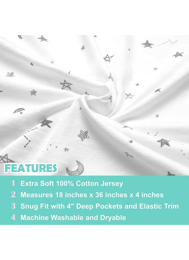 Printed 100% Natural Cotton Jersey Knit 18 X 36 Cradle/Bassinet Sheet - Fitted, Gray Stars And Moons, Soft Breathable, For Boys And Girls