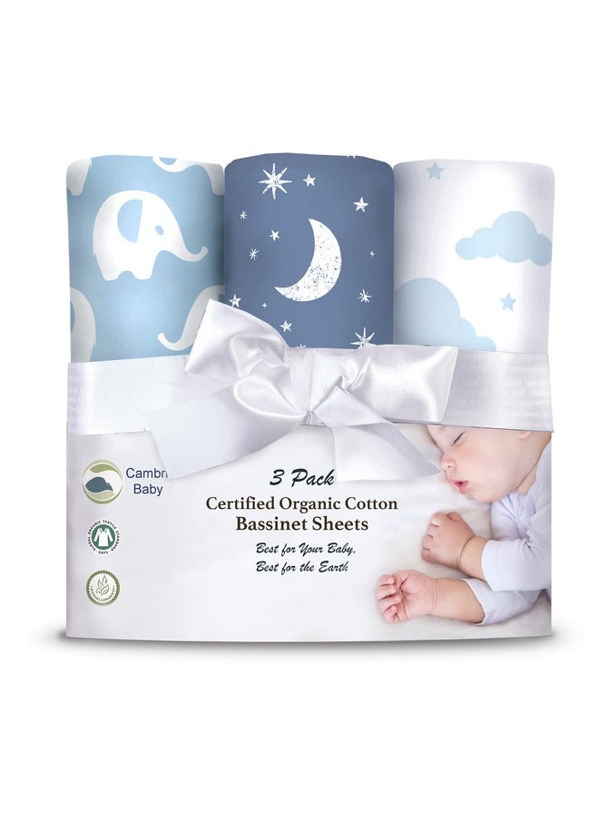 100% Organic Cotton Jersey Fitted Bassinet Sheets For Boy. 3 Pk Adapts To Oval, Hourglass & Rectangle Shaped Bassinet Pads. Fits Halo, Snoo, Graco, And Most Other Standard Size Bassinets.