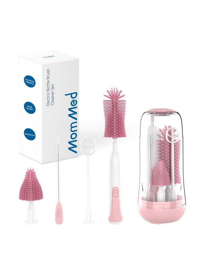 Electric Bottle Brush, Electric Baby Bottle Brush Set With Silicone Bottle/Pacifier/Straw Brush And Mixing Head, Waterproof Bottle Cleaner Brush With Drying Rack, 2 Modes & 360° Rotation Pink