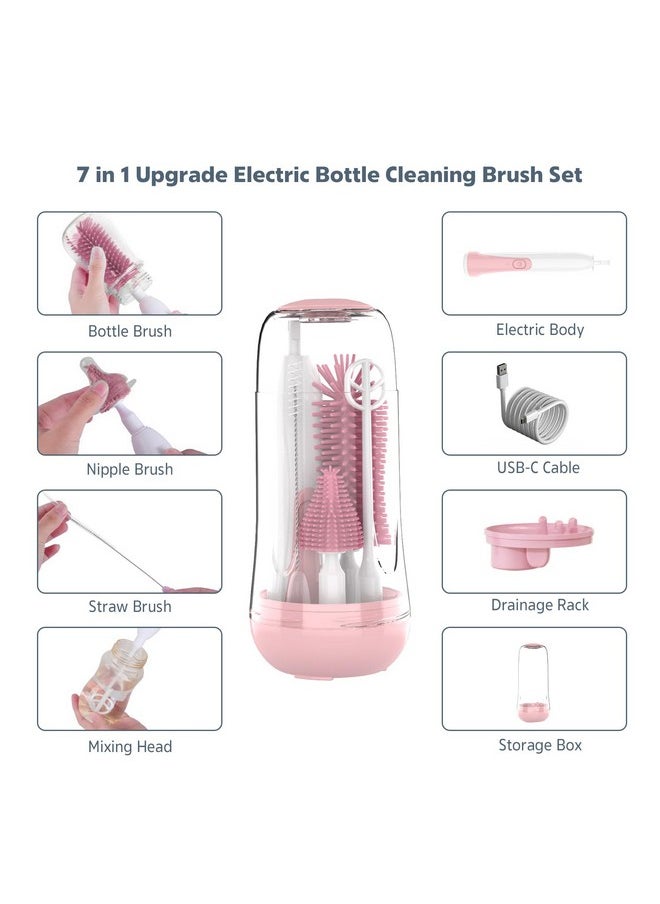 Electric Bottle Brush, Electric Baby Bottle Brush Set With Silicone Bottle/Pacifier/Straw Brush And Mixing Head, Waterproof Bottle Cleaner Brush With Drying Rack, 2 Modes & 360° Rotation Pink