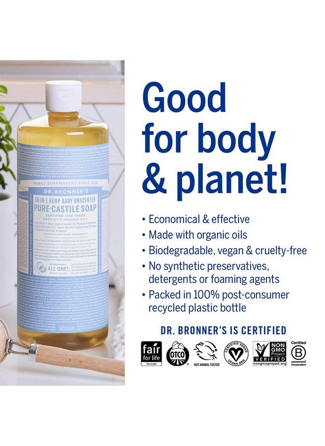 Dr. Bronner’S Pure-Castile Liquid Soap - Baby Unscented Bundle. 32 Oz. Bottle And 2 Oz. Travel Bottle