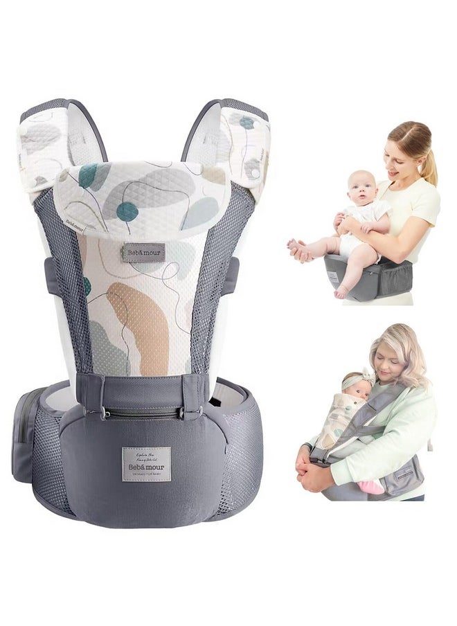 Bebamour Baby Carrier Newborn To Toddler-2 In 1 Hip Seat & Carrier Front And Back Carry With Head Hood & 3 Pieces Teething Pads& Waist Extenders & Storage Bag 0-36 Months (Grey)