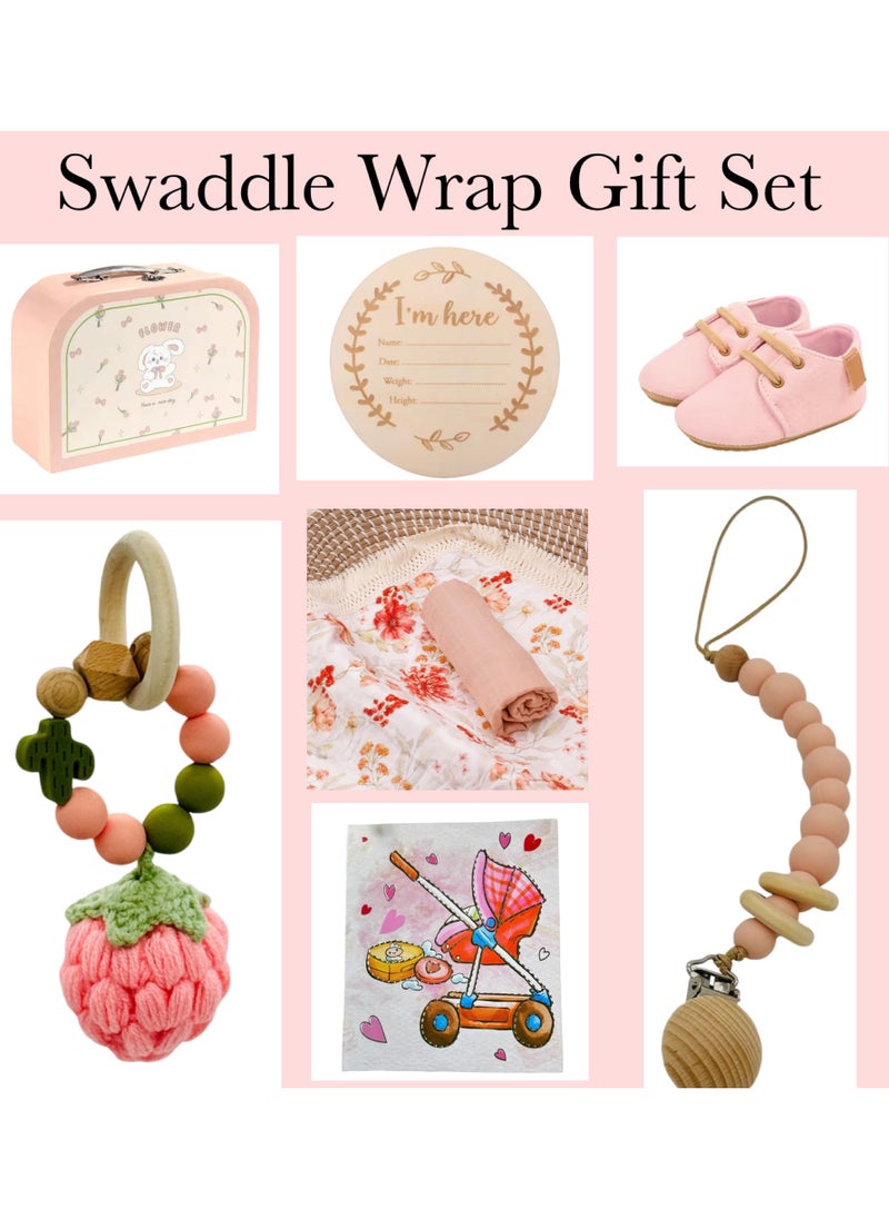 Baby Swaddle Wrap Gift Set, 8 Pieces Newborn Essentials, Baby Swaddle Blanket (Peach)