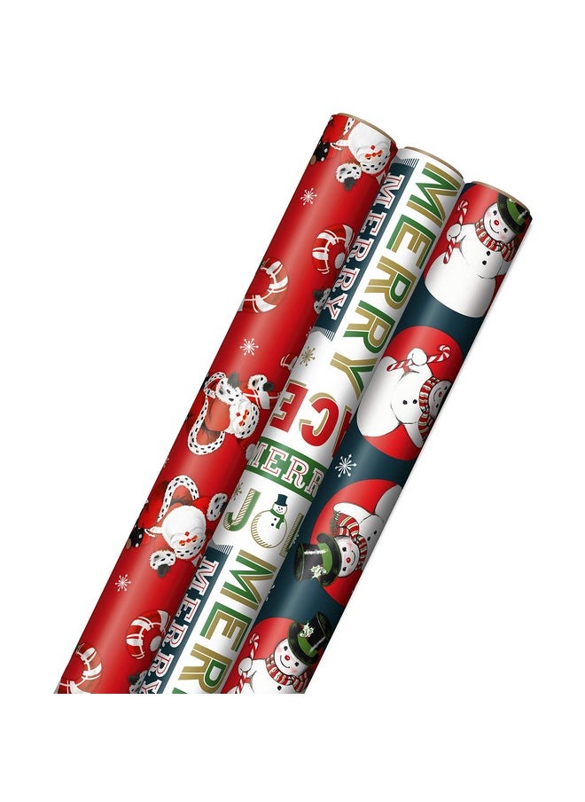 Vintage Christmas Wrapping Paper Cut Lines On Reverse (3 Rolls: 120 Sq. Ft. Ttl) Dancing Santas, Classic Snowman, 