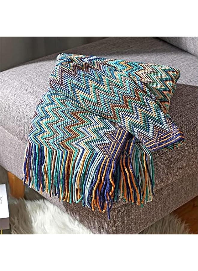 Bohemian Boho Throw Blankets, Knitted with Tassel, Outdoor Reversible Soft Cozy Lightweight Throw Blankets, Couch Bed Sofa Decorative Throw Blanket (BlUE, 130x200CM)