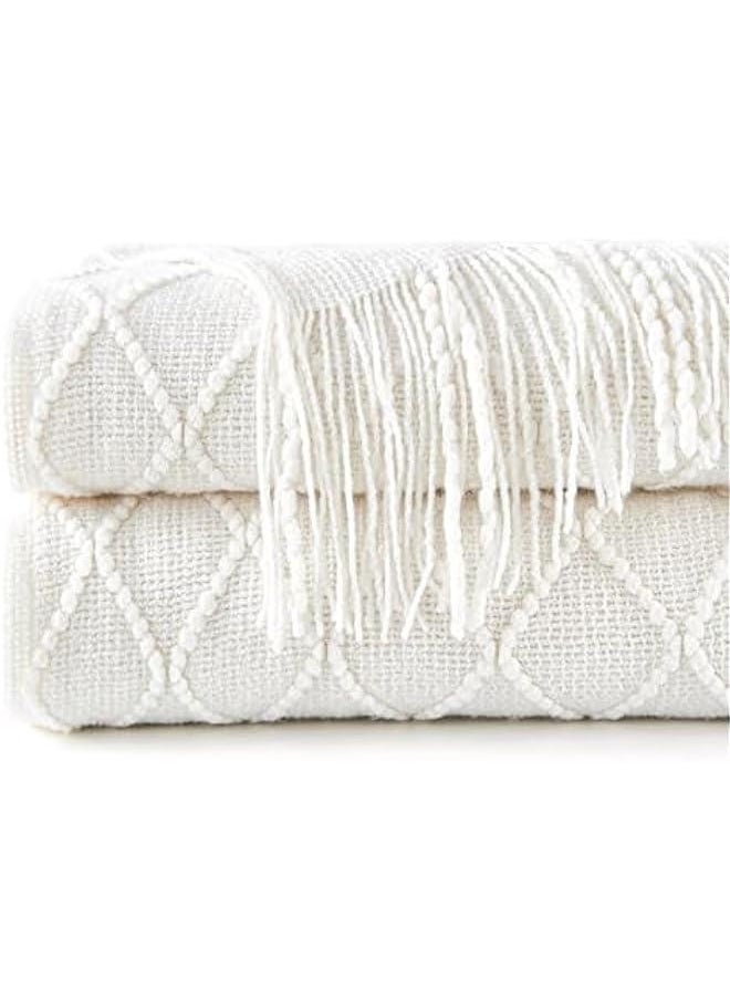 Knitted Throw Blankets for Couch and Bed, Soft Cozy Knit Blanket with Tassel, Lightweight Decorative Blankets and Throws, Farmhouse Warm Woven Blanket for Men and Women (White, 130x180CM)