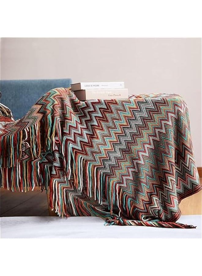 Bohemian Boho Throw Blankets, Knitted with Tassel, Outdoor Reversible Soft Cozy Lightweight Throw Blankets, Couch Bed Sofa Decorative Throw Blanket (Red, 130x200CM)