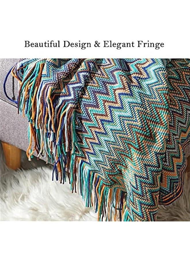 Bohemian Boho Throw Blankets, Knitted with Tassel, Outdoor Reversible Soft Cozy Lightweight Throw Blankets, Couch Bed Sofa Decorative Throw Blanket (BlUE, 127x152CM)