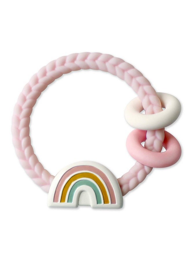 Silicone Teether With Rattle; Rattle Teether Features Rattle Sound, Two Silicone Teething Rings And Raised Texture To Soothe Gums; Ages 3 Months And Up (Pink Rainbow)