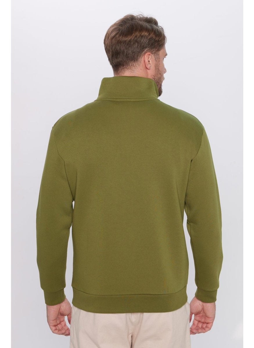 Unisex Relax Fit Comfortable Cut Cotton Fleece Half Zipper Khaki Stand Collar Sweatshirt