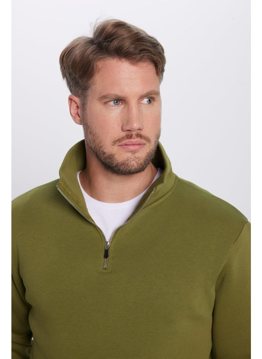 Unisex Relax Fit Comfortable Cut Cotton Fleece Half Zipper Khaki Stand Collar Sweatshirt