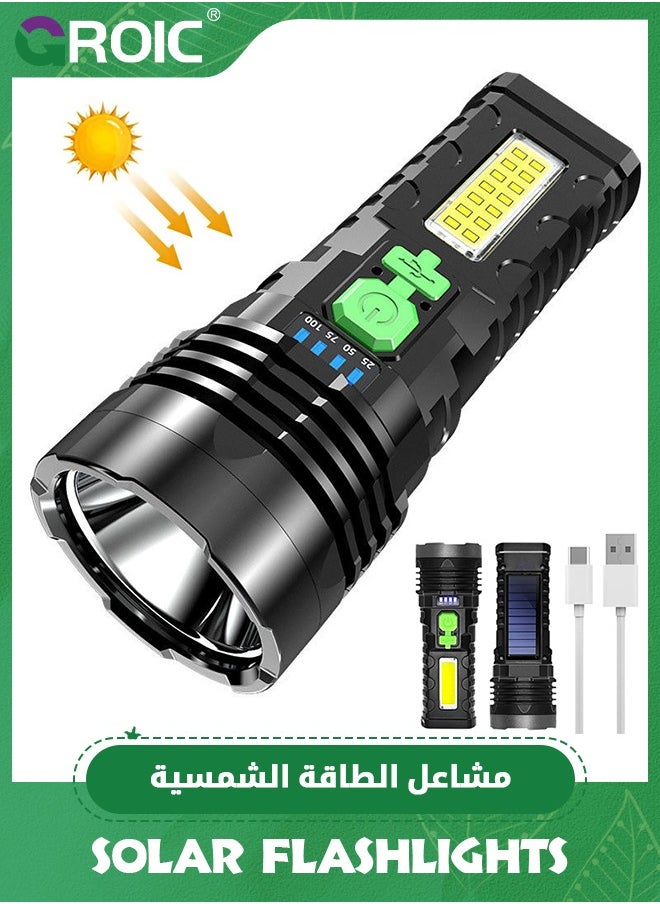 Led Rechargeable Flashlights, Solar Flashlights Rechargeable, 1000 Lumens Bright LED Solar Powered Flashlight with USB Charger, Waterproof Handheld Flashlights with 4 Mode for Emergencies Walking