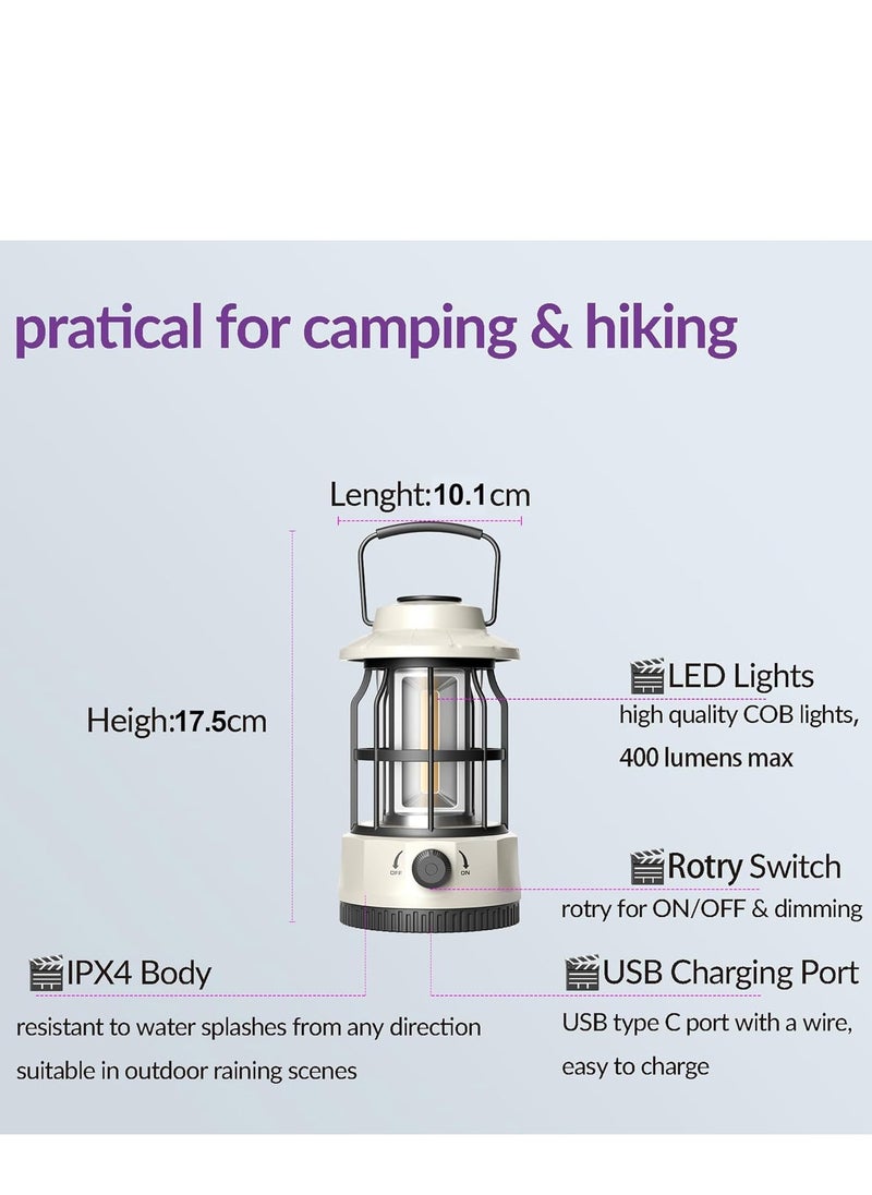 Rechargeable USB Camping Lantern, Stepless Dimmer Metal Retro LED Light, Waterproof Hanging Vintage Tent Lamp for Hiking, Fishing & Emergencies