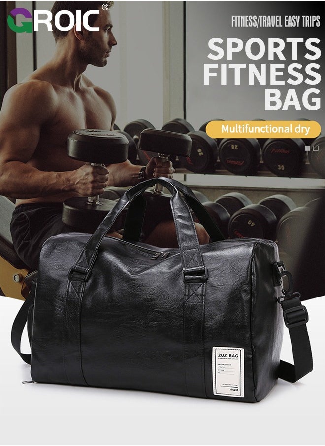 Leather Gym Fitness Bag,Gym Duffle Bag for Men Women,Travel Duffel Bag with Shoe Compartment & Wet Pocket,Weekender Bag,Fitness Bag,Sports Bag(Black)