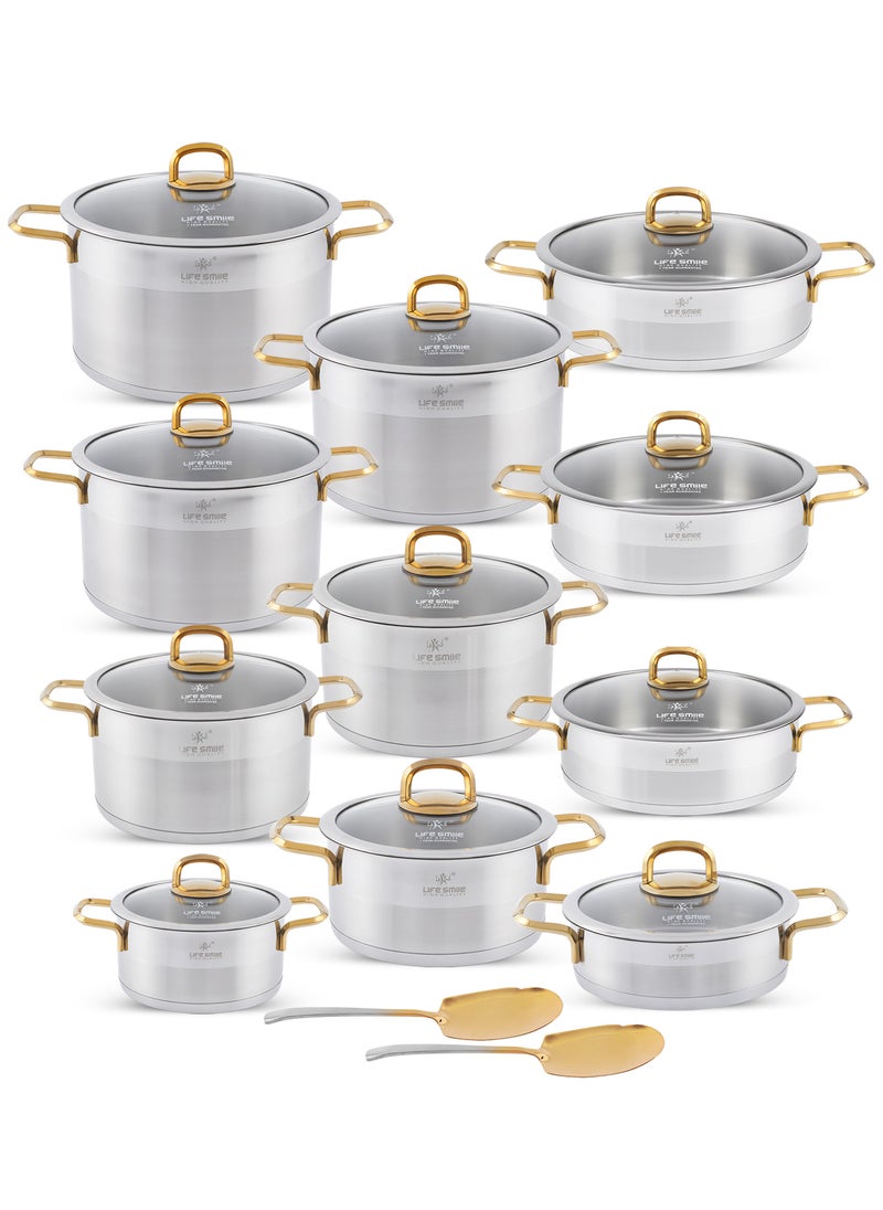 LIFE SMILE 24-Pieces Stainless Steel Cookware Set - Pure 18/10 Premium Stainless Steel Pots and Pans Set - Kitchen Set Compatible with All Stovetops Including Induction - Non-Toxic, 100% PFOA, PTFE & PFOS Free - Oven Safe (Gold)