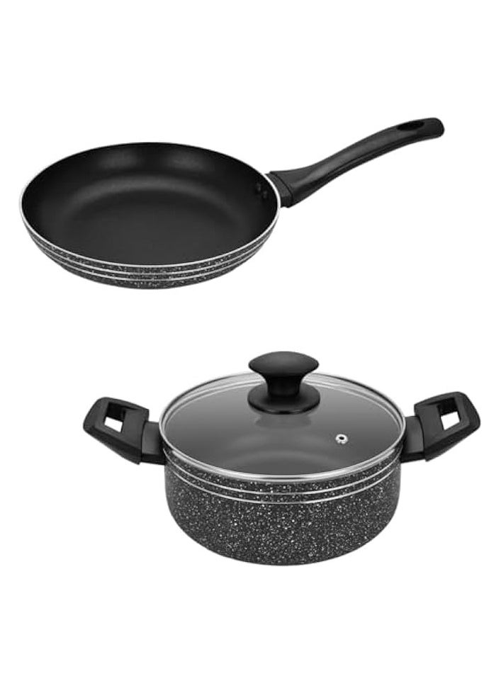 Non Stick Pack of 2 Frying Pan and Casserole with Lid Pressed Aluminium Dishwasher Safe, Strong and Durable PFOA Free frypan