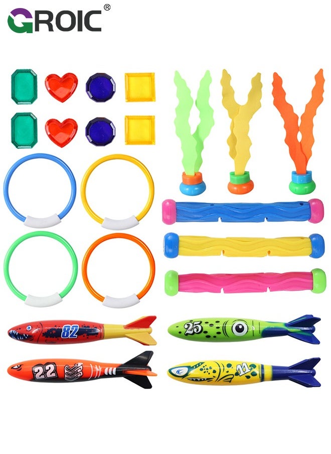 22 Piece Diving Playset, Pool Kids Toys, Water Toys, Diving Training Including Diving Rings, Diving Grass, Diving Fish Bones, Underwater Gems