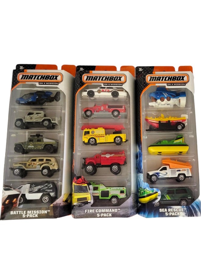 Set Of 15 Toy Cars And Trucks With 3 Themed 5-Packs Of 1:64 Scale Die-Cast Vehicles (Styles Will Vary) Bundle