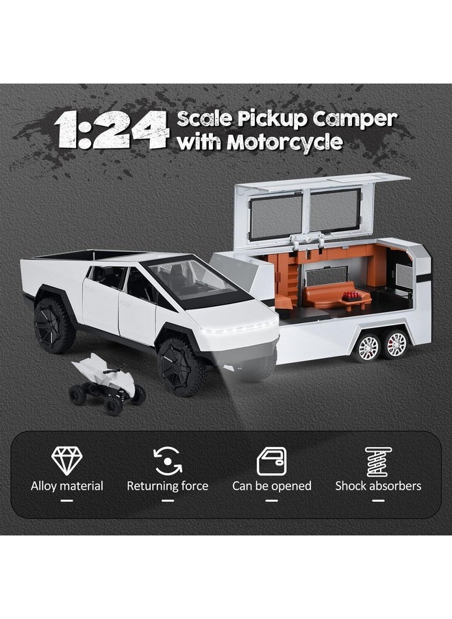 Cyber Truck 1:24 Toy Trucks With Rv Model Kit, Alloy Diecast Pickup Trailer With Light & Sound, Pull-Back Race Car With Motorcycle, Ideal Gift For Boys, Silver