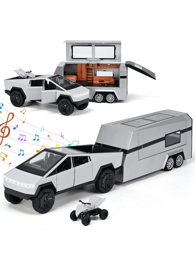 Cyber Truck 1:24 Toy Trucks With Rv Model Kit, Alloy Diecast Pickup Trailer With Light & Sound, Pull-Back Race Car With Motorcycle, Ideal Gift For Boys, Silver