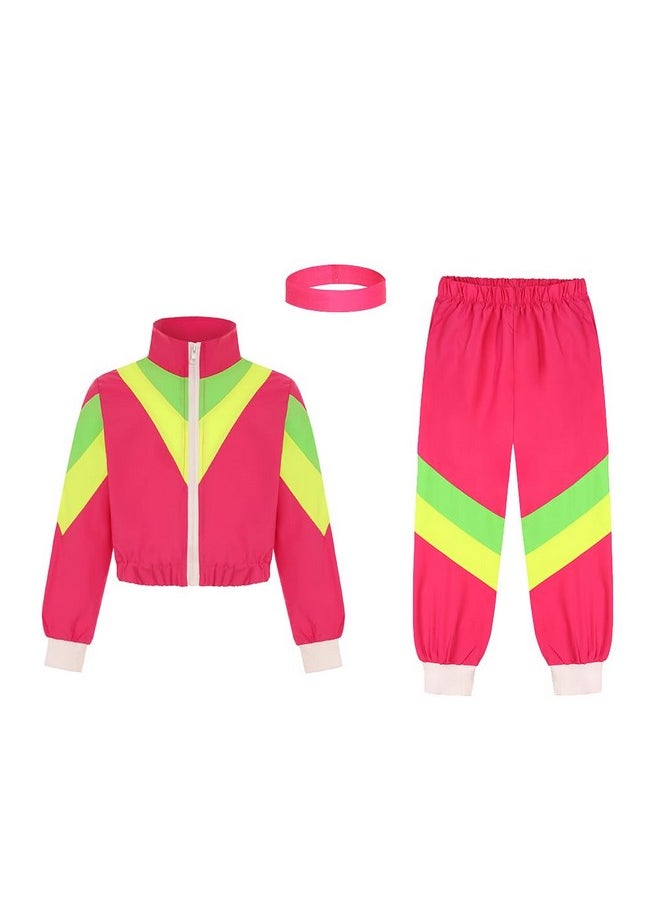 Kids 80S Tracksuit For Boys Girls Hip Hop Costume Retro Sportswear Windbreaker For Halloween Dance Outfit(Red,7-8 Years)