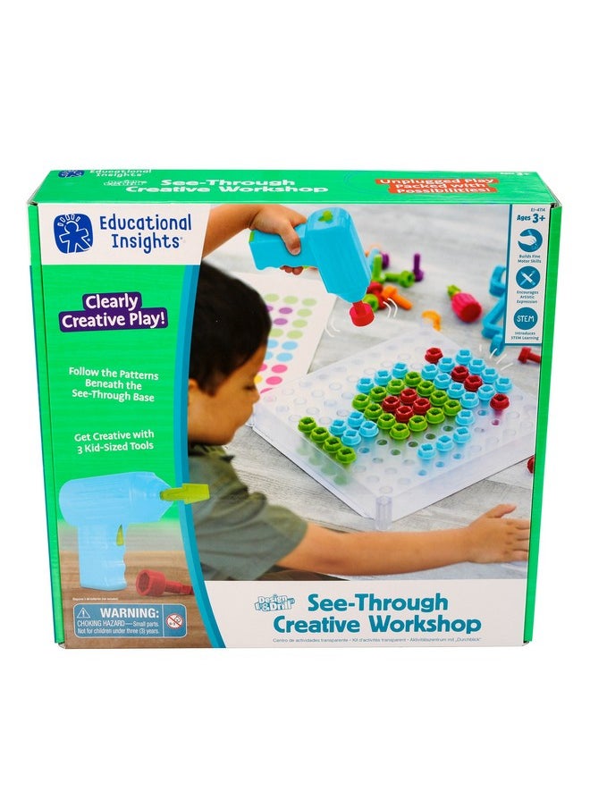 Design & Drill See-Through Creative Workshop: 136 Piece Set With Drill Toy, Kids Drill Sets, Stem Toy, Ages 3+