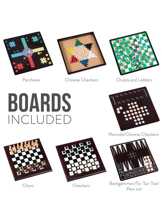 Board Game Set - Deluxe 15 in 1 Tabletop Wood-accented Game Center with Storage Drawer (Checkers, Chess, Chinese Checkers, Parcheesi, TicTacToe, SOlitaire, Snakes and Ladders, Mancala, Backgammon, Poker Dice, Playing Cards, Go Fish, Old Maid, and Dom