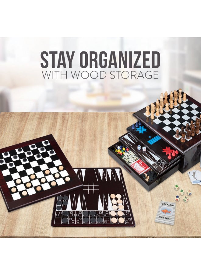 Board Game Set - Deluxe 15 in 1 Tabletop Wood-accented Game Center with Storage Drawer (Checkers, Chess, Chinese Checkers, Parcheesi, TicTacToe, SOlitaire, Snakes and Ladders, Mancala, Backgammon, Poker Dice, Playing Cards, Go Fish, Old Maid, and Dom