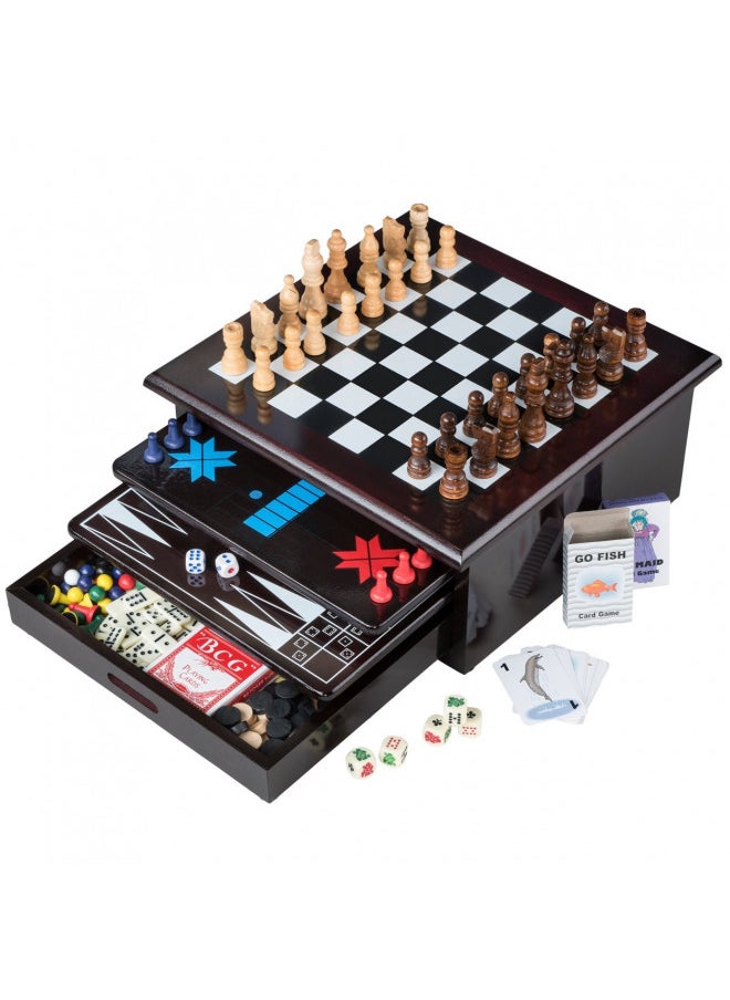 Board Game Set - Deluxe 15 in 1 Tabletop Wood-accented Game Center with Storage Drawer (Checkers, Chess, Chinese Checkers, Parcheesi, TicTacToe, SOlitaire, Snakes and Ladders, Mancala, Backgammon, Poker Dice, Playing Cards, Go Fish, Old Maid, and Dom