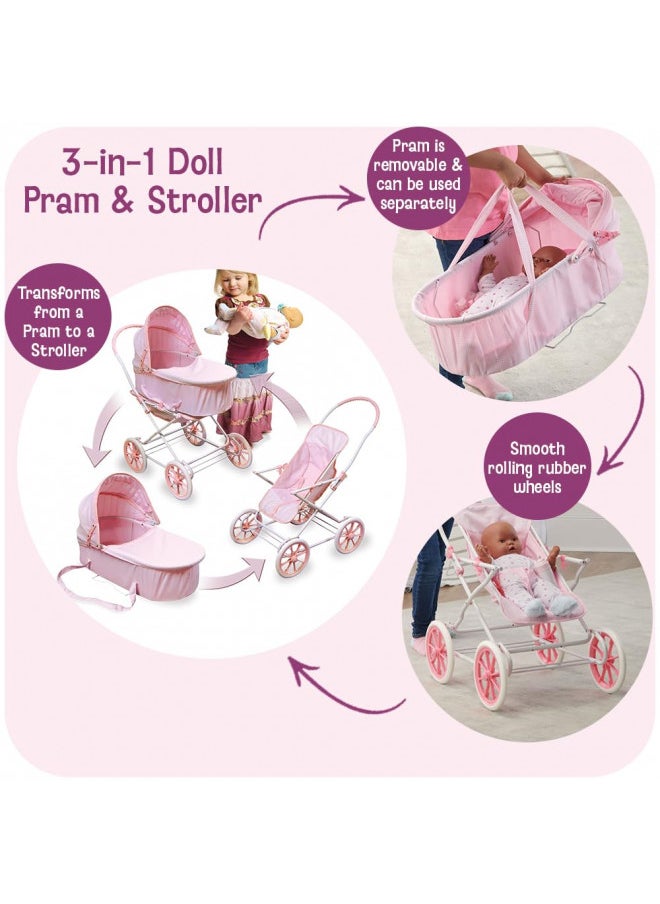 Badger Basket Toy Doll Just Like Mommy 3-in-1 Doll Pram Stroller and Carrier for 22 inch Dolls - Pink/Gingham