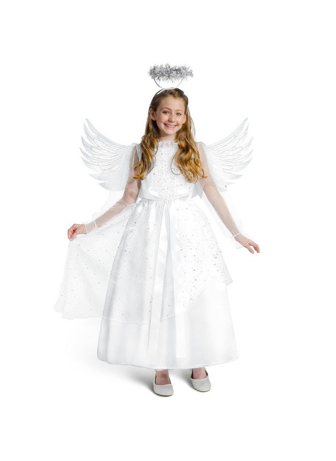 Halloween Angel Costume Girls, Kids Princess Dress Toddlers Tulle Angel Set With Accessories For Halloween Role Play Parties, White, Small(5-7 Yrs)