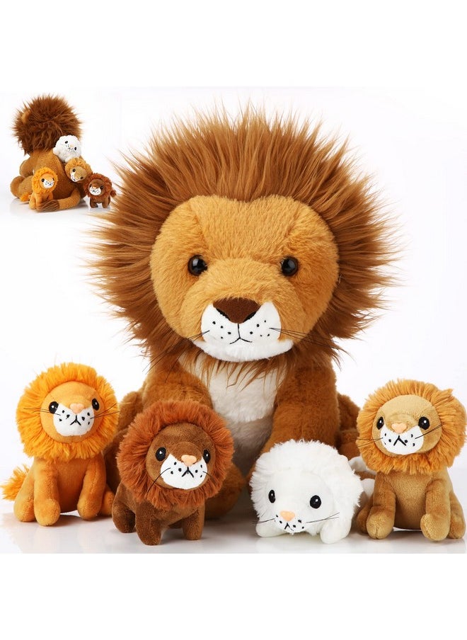 5 Pcs Lion Plush Set Large Lion Stuffed Animal With 4 Cute Baby Lions In His Zippered Back Soft Cuddly Lion Plushie Boys Girls Birthday Favors Gifts Forest Party (Maned Lion,14 Inch)