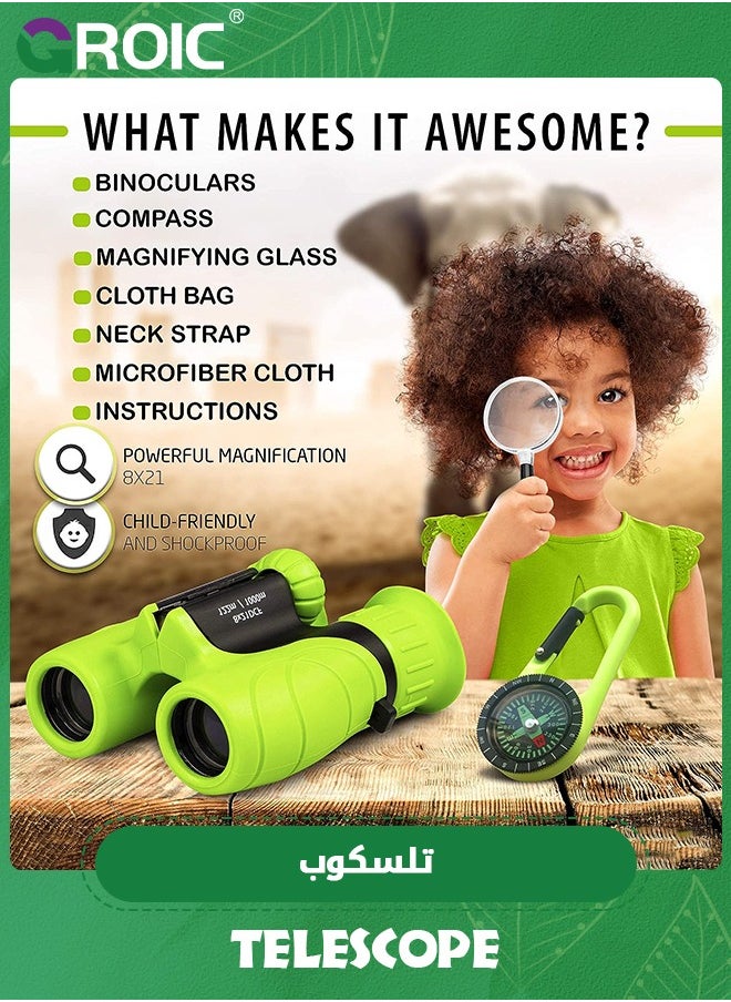 8 x 21 Binoculars for Kids, Set with Magnifying Glass & Compass,Kids Binoculars for Toddler,Children Explore Toys