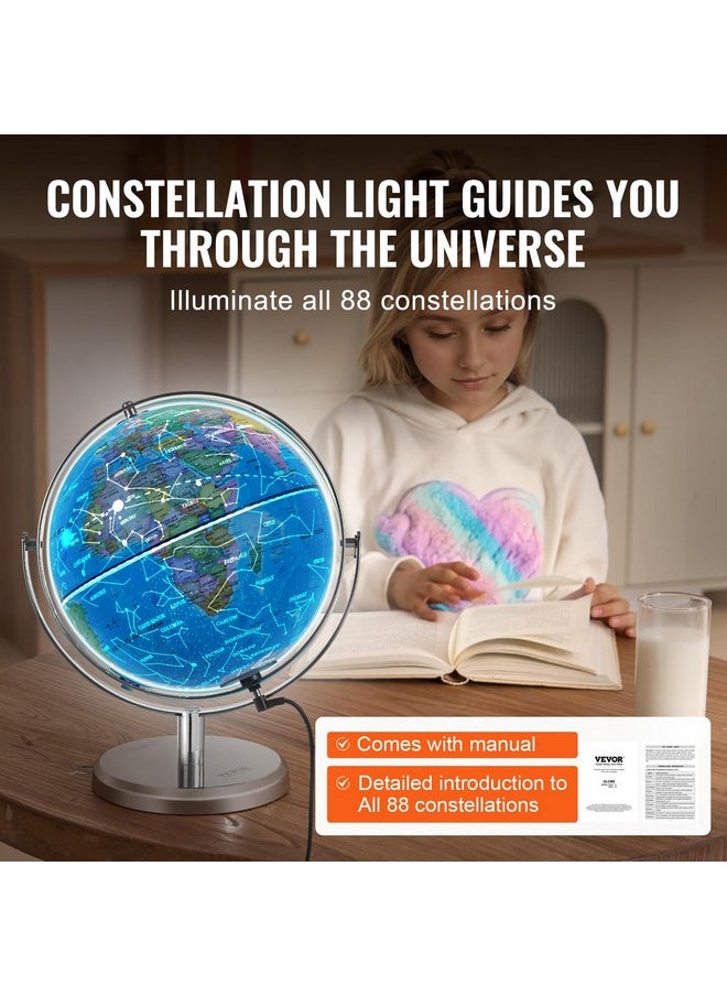 Illuminated World Globe With Stand, 9 In/228.6 Mm, Educational Earth Globe With Stable Heavy Metal Base And Led Constellation Night Light Hd Printed Map, Spinning For Kids Classroom Learning