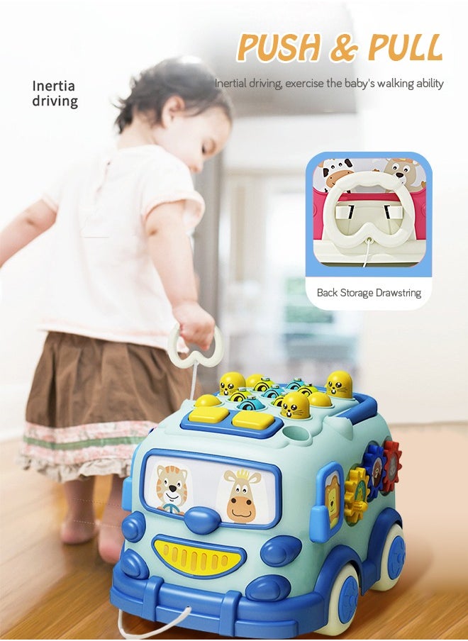 Toddler Bus Toys - Baby Electric Musical Multifunctional Push and Pull Bus Toys with Xylophone Instruments Fishing Whac-A-Mole Pounding Games and Rotating Gear Educational Toy for Kids